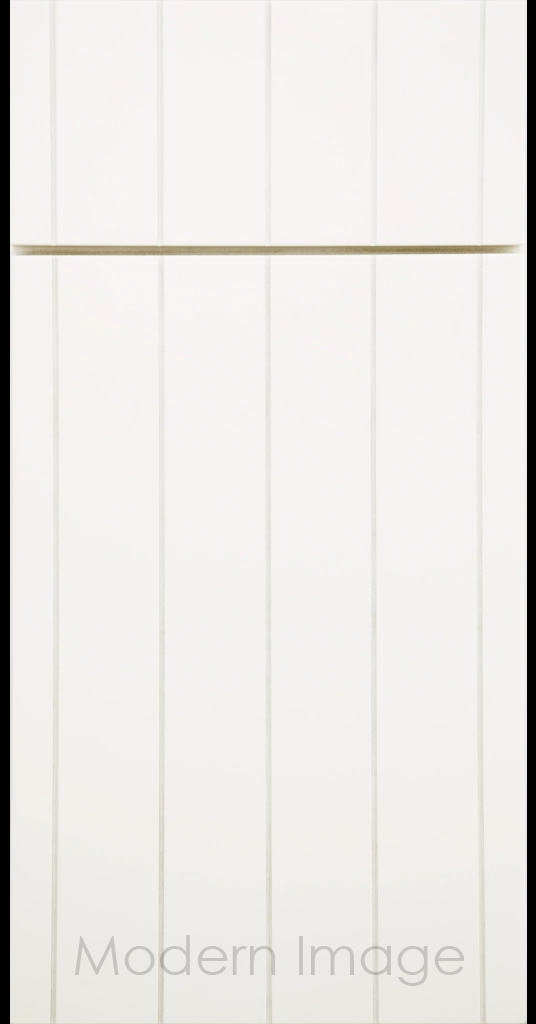 Brooklyn Flat-Panel Cabinet Door with 5 evenly spaced Vertical Grooves, Dove White color.